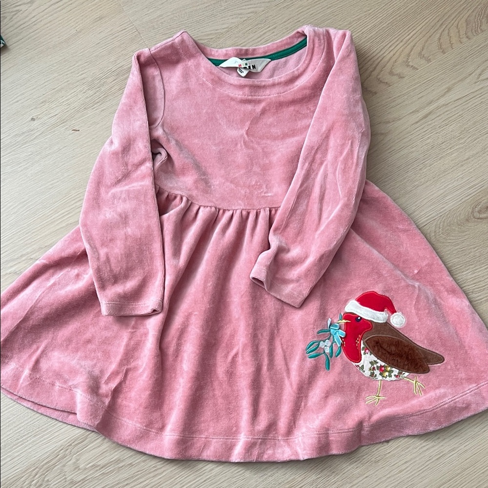 Mini Boden Pink Velvet Dress with Bird Appliqué